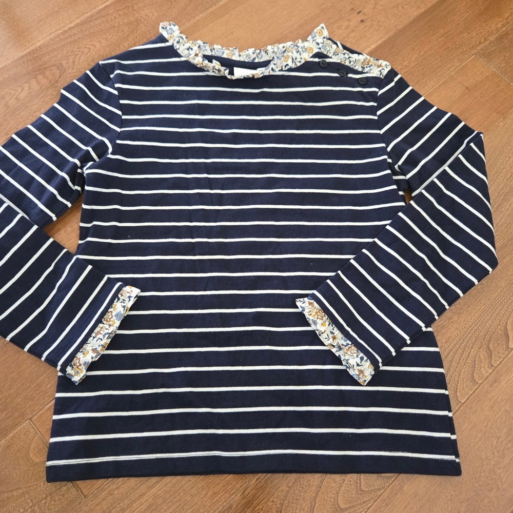 Cyrillus Paris Girls Navy White Striped Floral Ruffle Trim Long Sleeve Top 8